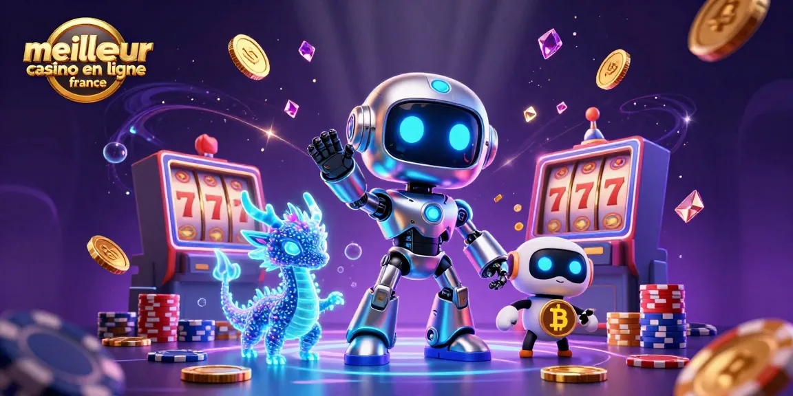 Illustration captivante du meilleur casino en ligne en France avec un robot cyberpunk, un dragon holographique, et des symboles de victoire.