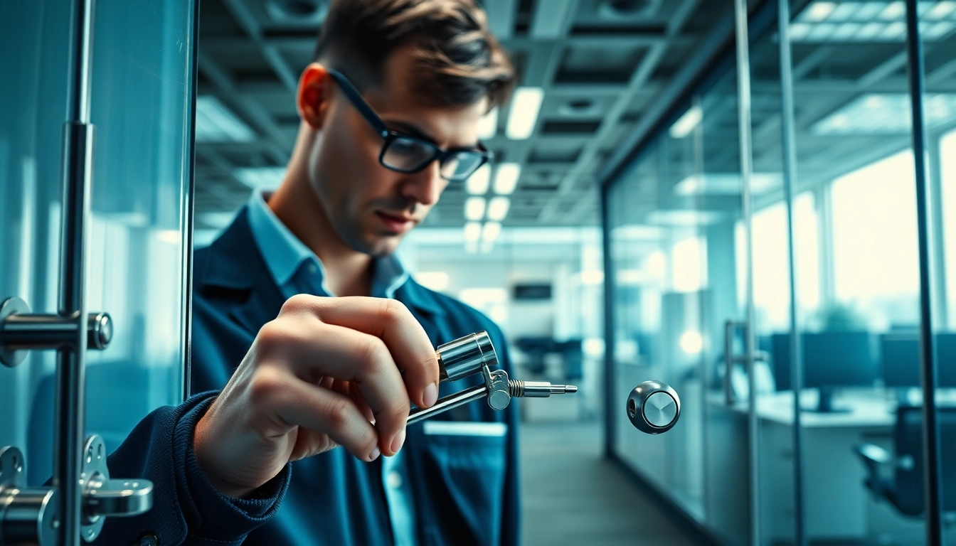 Commercial Locksmiths Near Ballwin, MO expertly securing high-tech locks in a modern office.