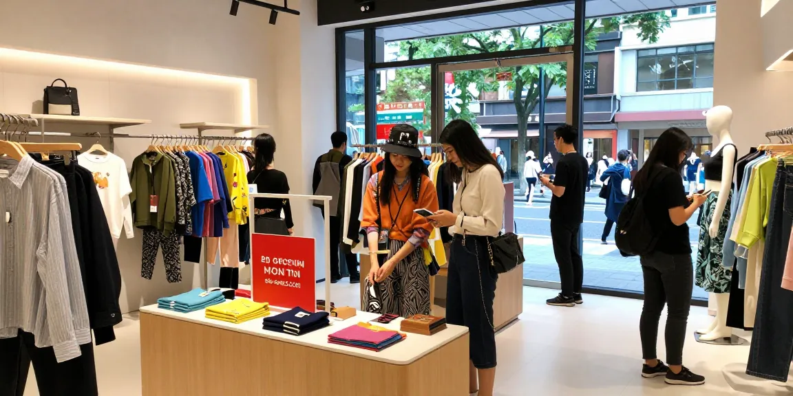 Engaged shopper admiring trendy clothing at shs-dome5.com retail space, vibrant atmosphere filled with urban fashion displays.