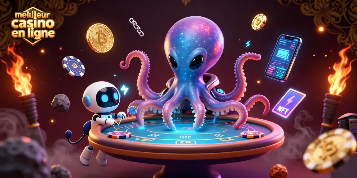 Illustration d'un octopus alien en costume de casino, jouant au meilleur casino en ligne.