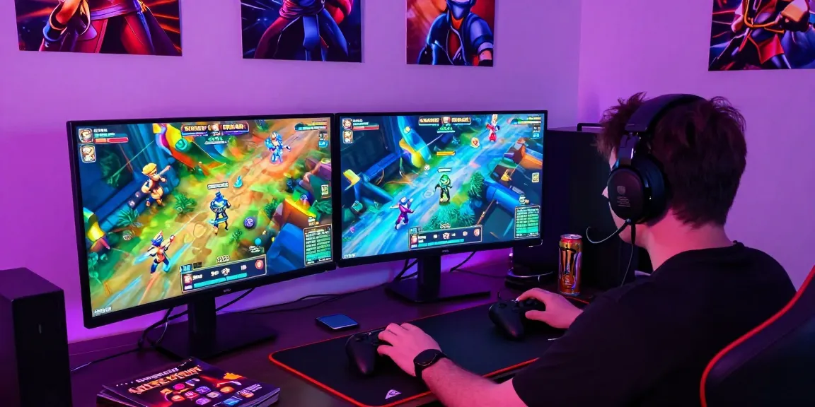 Player enjoying slot gacor game on dual gaming screens with vibrant visuals and accessories.