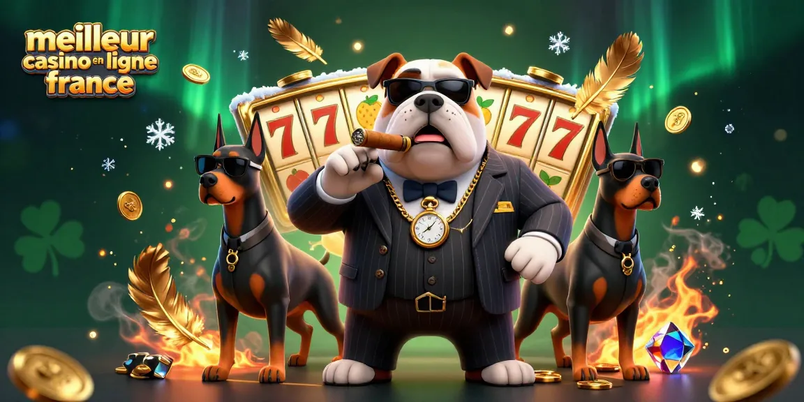 Illustration dynamique d'un meilleur casino en ligne France avec un bulldog mafia et des Doberman.
