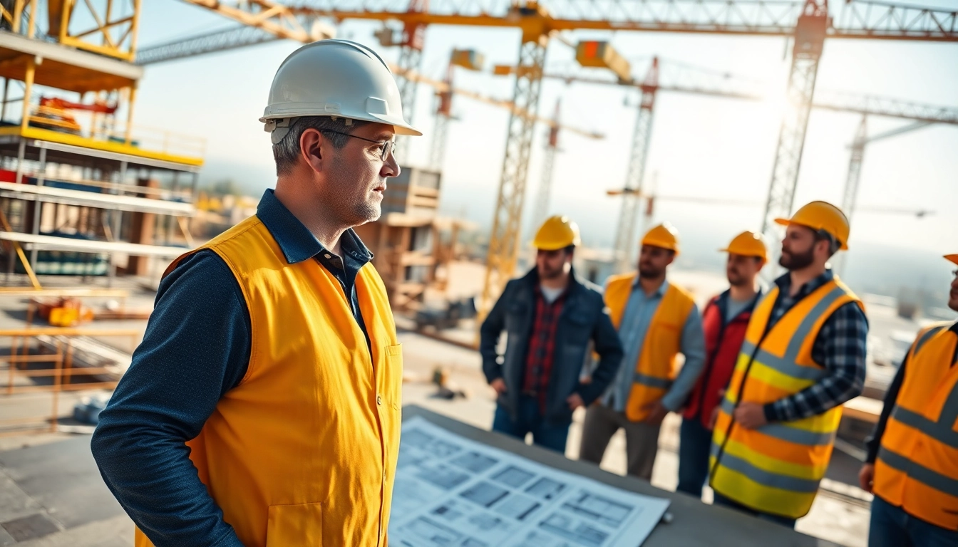 New Jersey Construction Manager coordinating a bustling construction site with workers and blueprints.