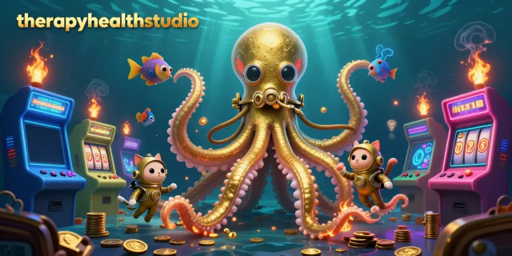 Engage in thrilling gameplay at therapyhealthstudio with a kraken and diving cat amidst vibrant slot machines.