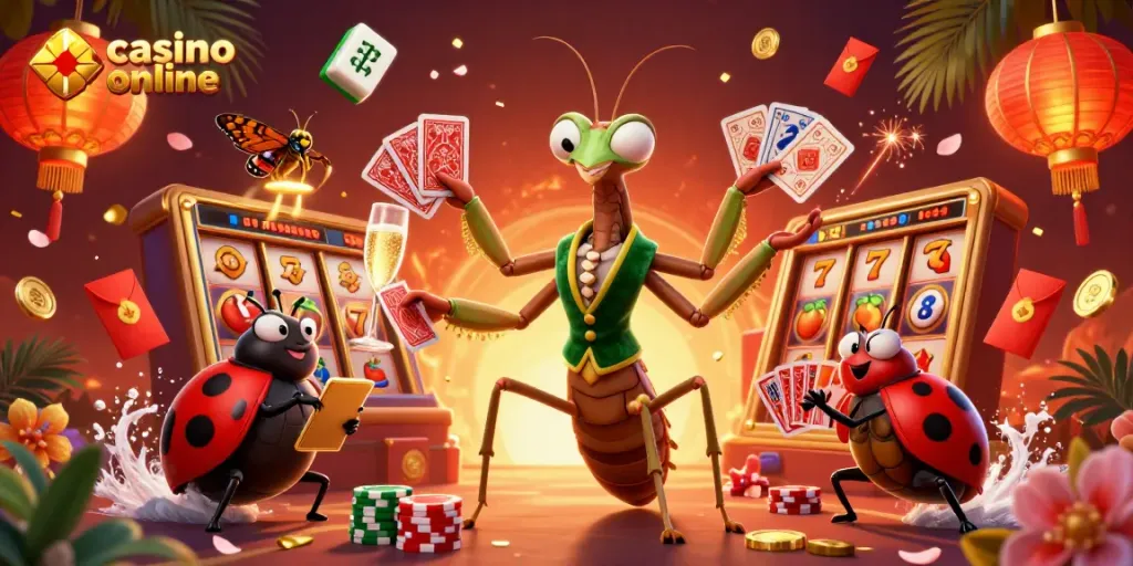 Juega en un casino online mientras una mantis gigante reparte cartas y una mariquita supervisa la acción.