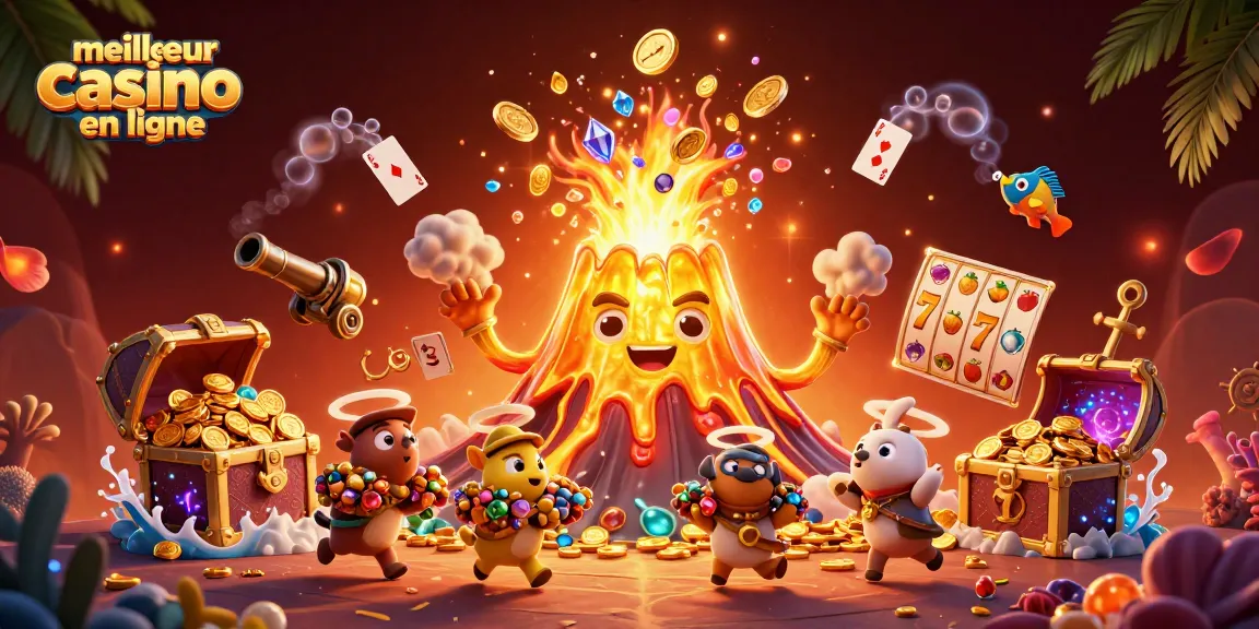 Visualiser le meilleur casino en ligne avec un volcan doré animé émettant des pièces et des trésors extravagants.