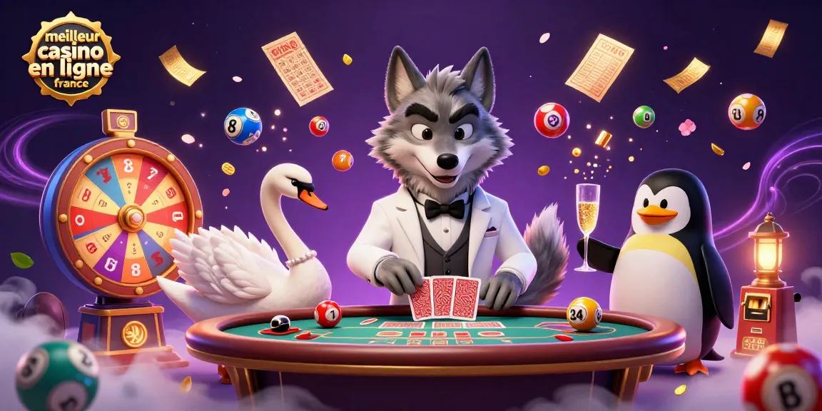 Jouez au meilleur casino en ligne France avec une illustration captivante d'un loup, un cygne et un manchot