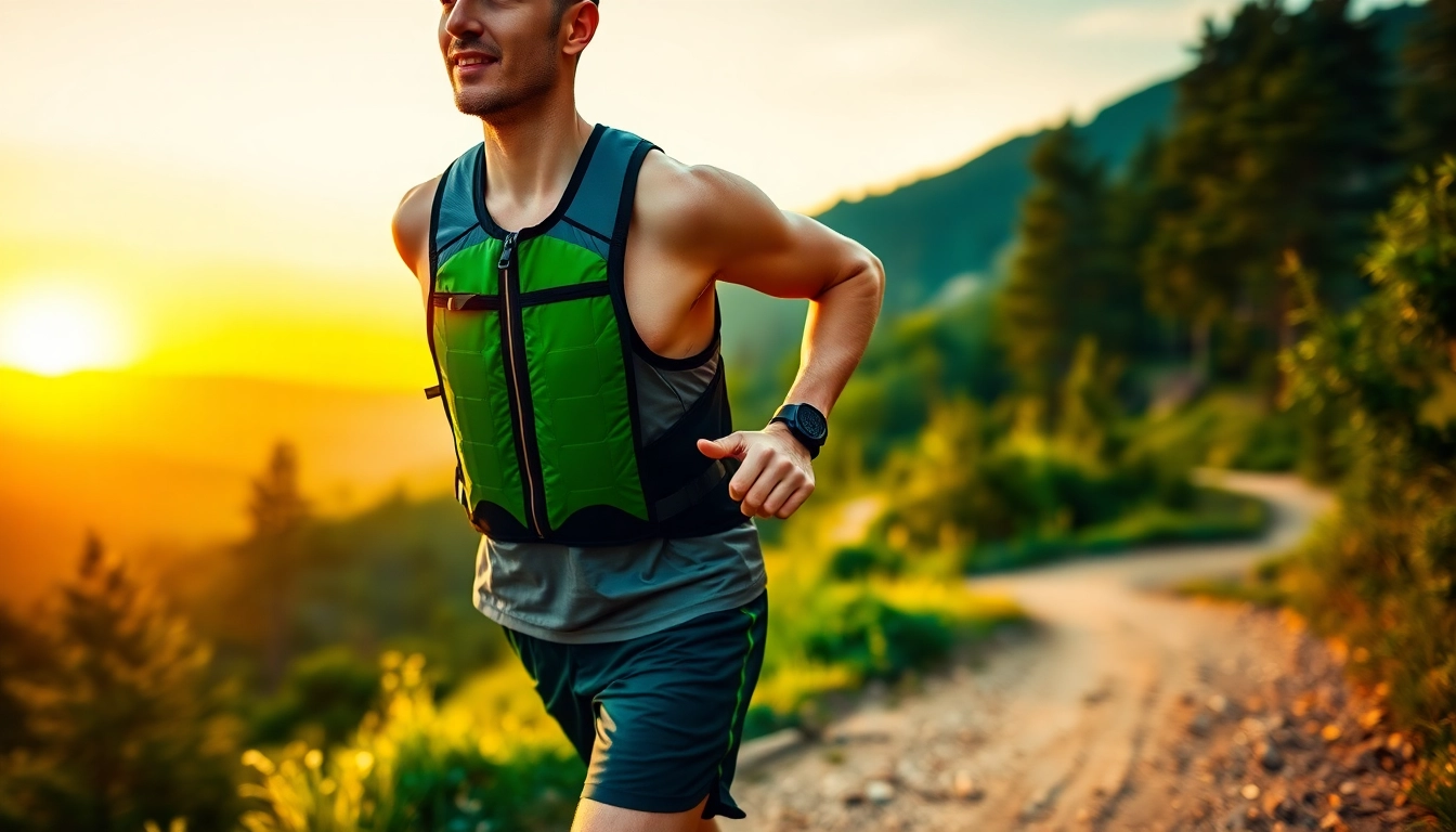 Runner with hydration vest conquering a mountain trail, showcasing stamina and style.