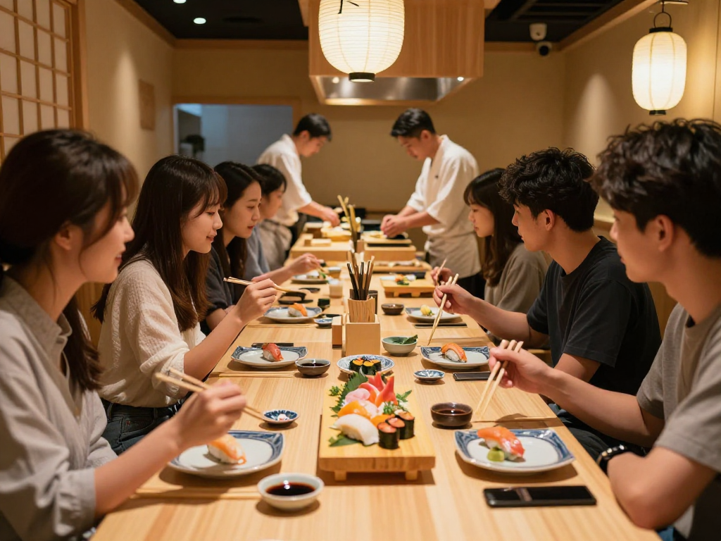 Indulge in sushi dining at rokok88 with vibrant platters and friends.