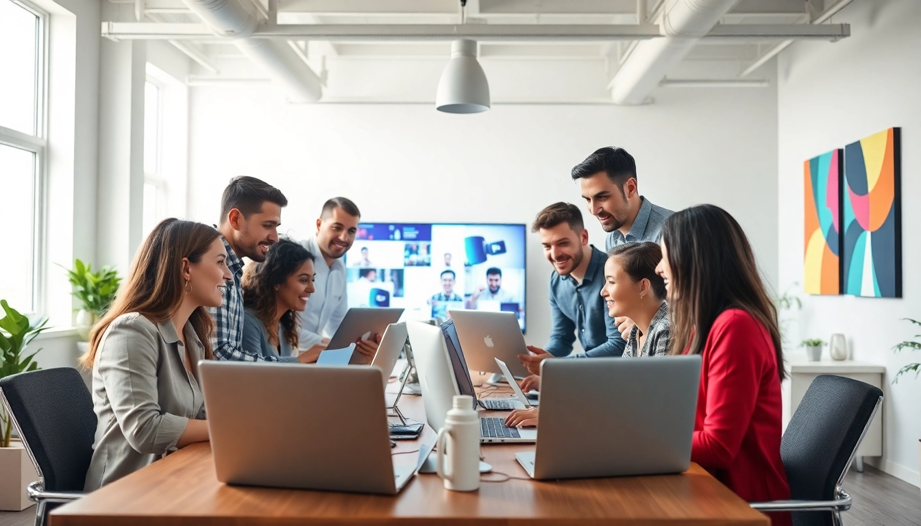 A social media agency team engaging in creative brainstorming sessions in a modern office.