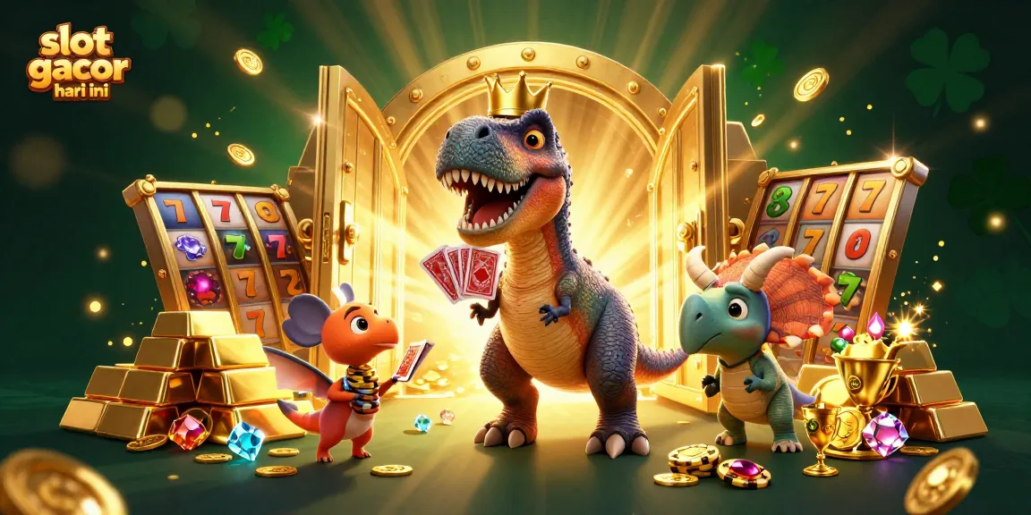 Engage in thrilling slot gacor hari ini with cartoon dinosaurs, vibrant gems, and golden treasures.