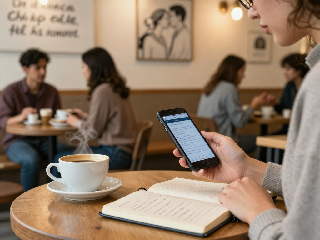Engaging coffee shop environment where one can crush on potential matches through dating app interactions.