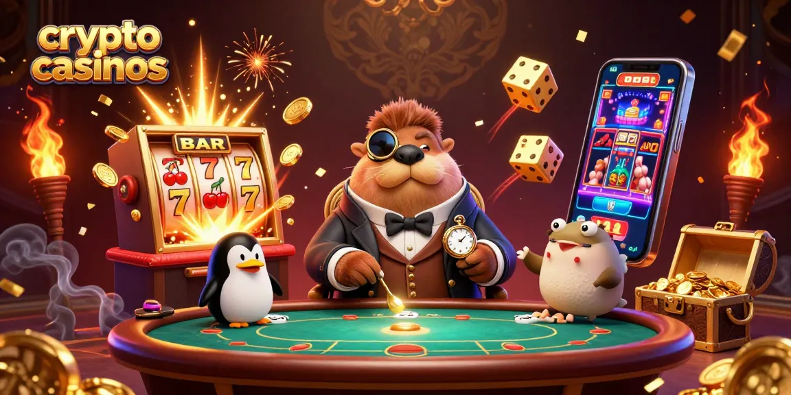 Venez découvrir les crypto casinos avec un tatou walrus jovial, un dealer pingouin et un poisson-globe bluffeur à une table de poker sous-marine.