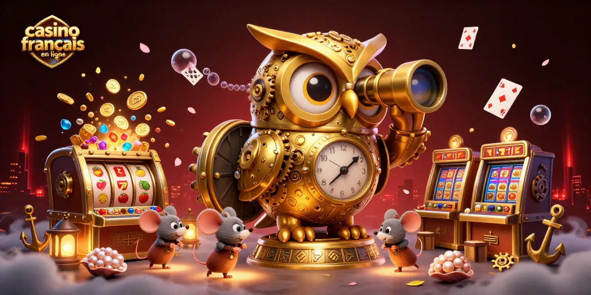 Plongez dans l'univers du casino français en ligne avec cet hibou doré et des machines à sous éclatantes.