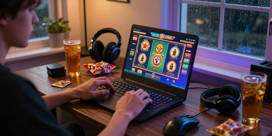 Pengguna cipung138 sedang menikmati permainan slot online dengan laptop di lingkungan nyaman.