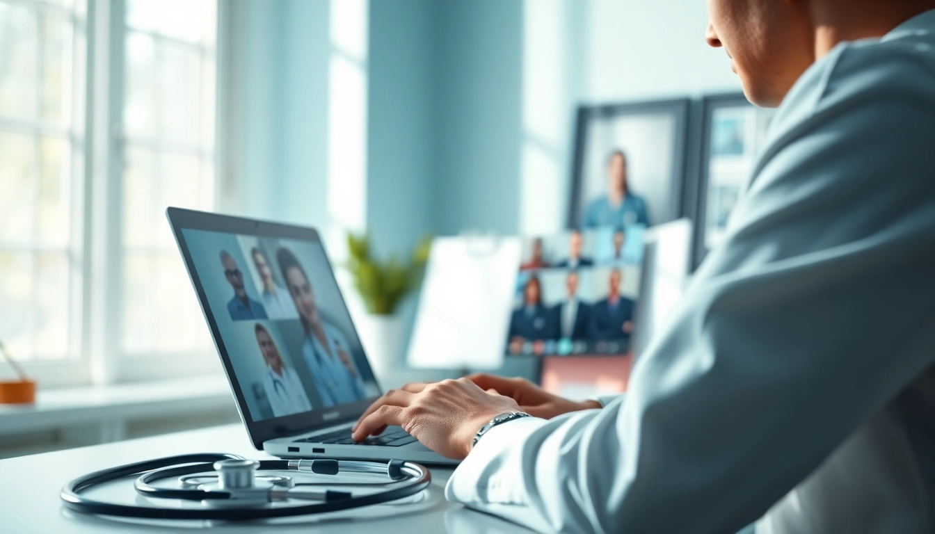 Engaging image showing a doctor using a laptop to message a doctor online 24/7 in a professional setting.