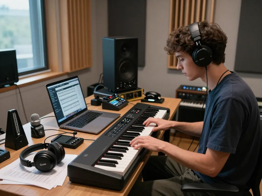 Musician playing the GO 88 digital piano in a modern music studio with recording equipment and warm ambient lighting.