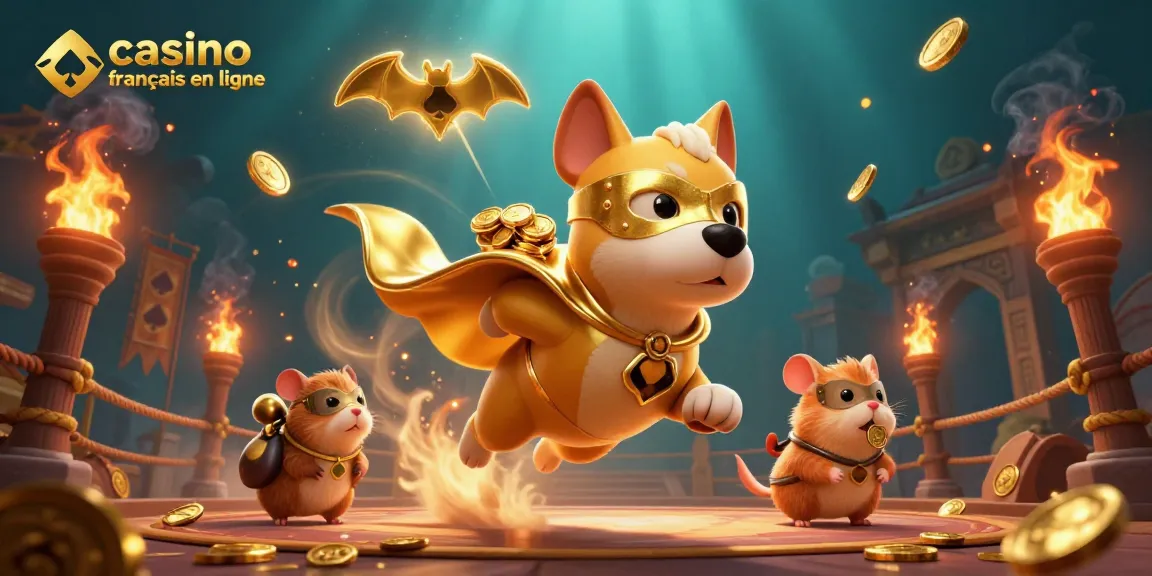 Un héros et son hamster dans un casino, animant casino français en ligne avec des éléments de jeu.