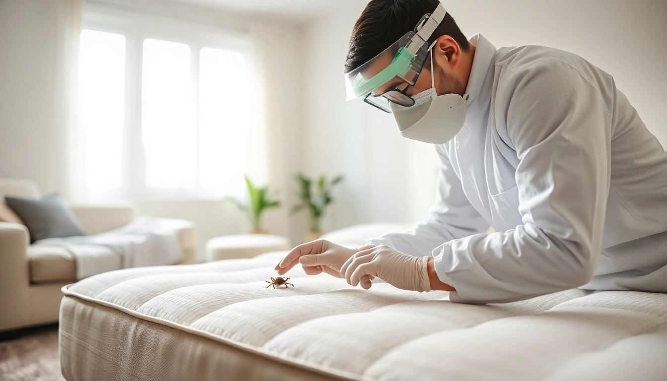 Technician applying bed bug treatment in a home setting, ensuring thorough pest control.