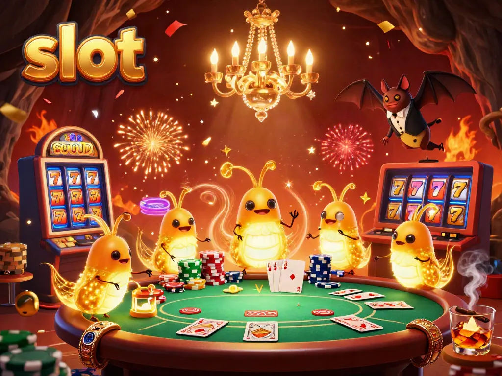 Experience an exciting slot scene with glowworms illuminating a vibrant casino.