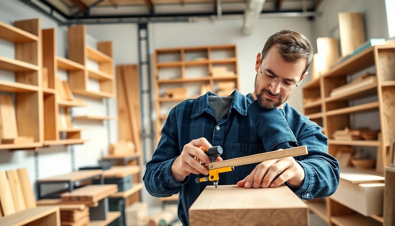Craftsman showcasing built-in shelving contractor westchester in an organized workshop, highlighting craftsmanship.
