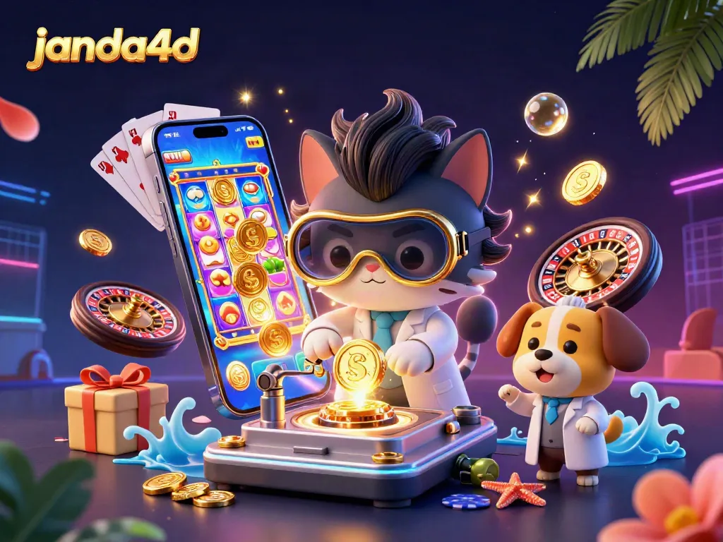 Permainan slot menarik di janda4d dengan karakter kucing ilmuwan menciptakan koin emas.