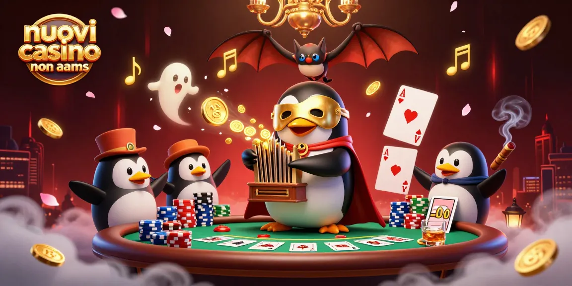La scena mostra il pinguino opera in maschera d'oro, in mezzo a tavole da poker e monete d'oro, riflettendo l'atmosfera dei nuovi casinò non AAMS.