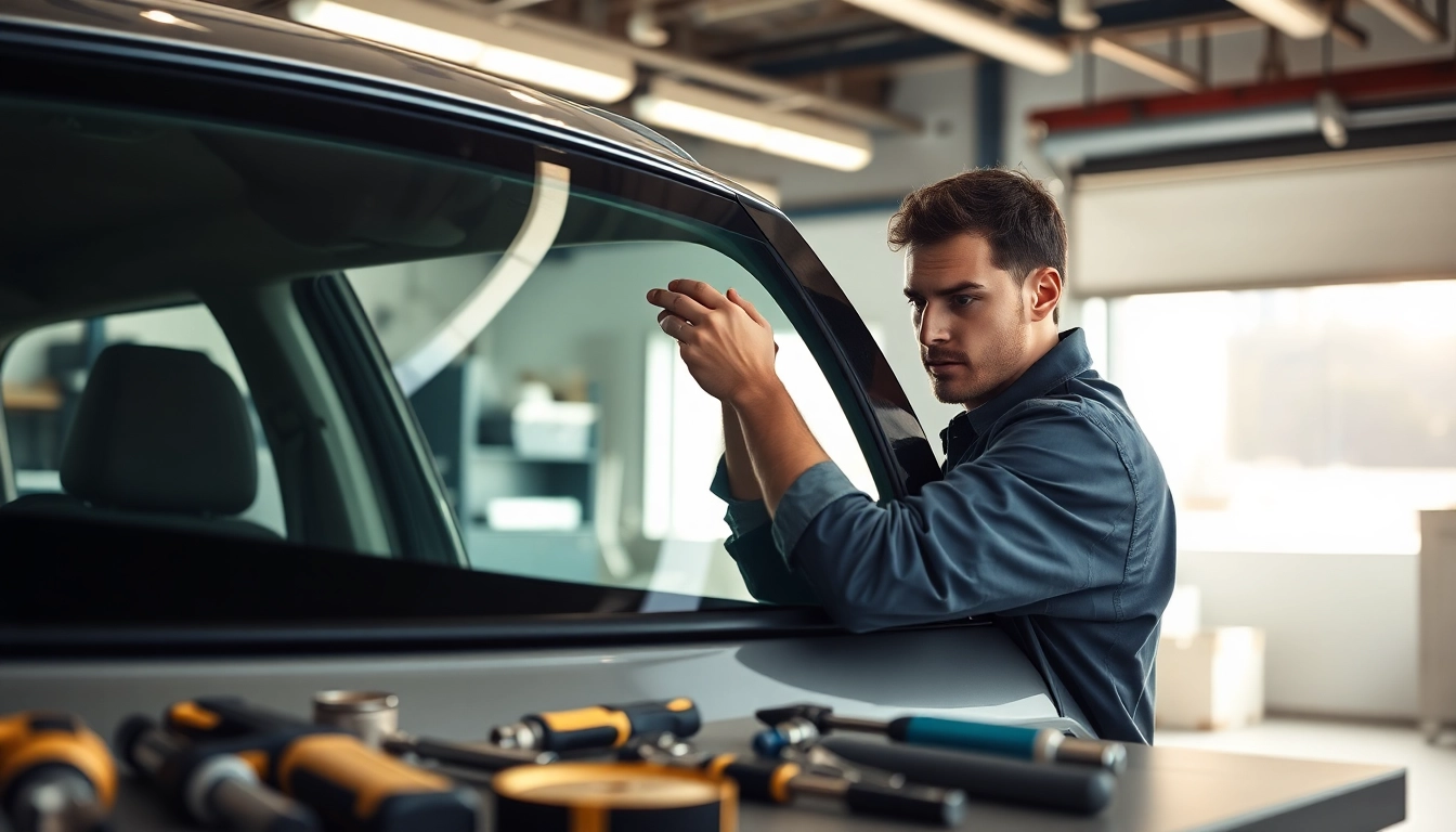 Expert handling back window replacement with precision in a garage setting.