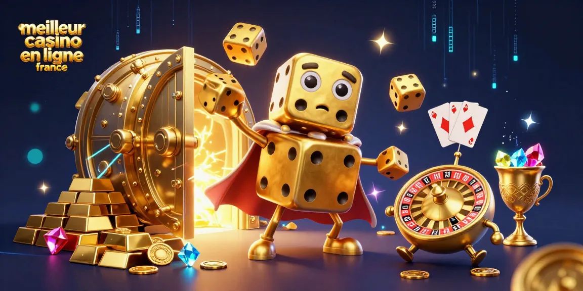 Visuel captivant de "meilleur casino en ligne france", représentant un golem de dés dorés au cœur d'un univers de jeux.