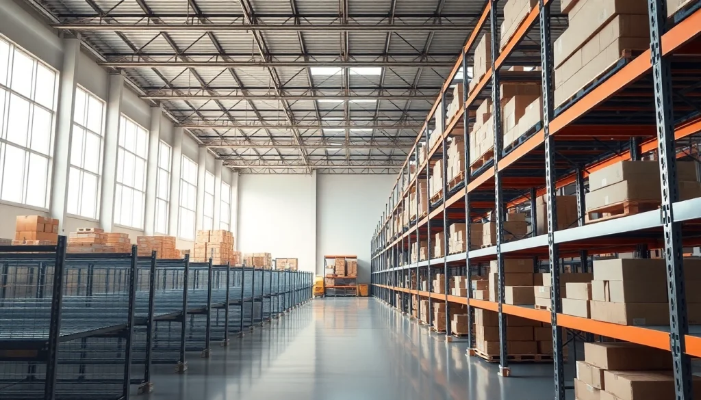 Organized warehouse near me showcasing efficient storage solutions and bright natural light.