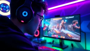 Engaged gamer downloading VALORANT with high-tech gear in a modern gaming environment.