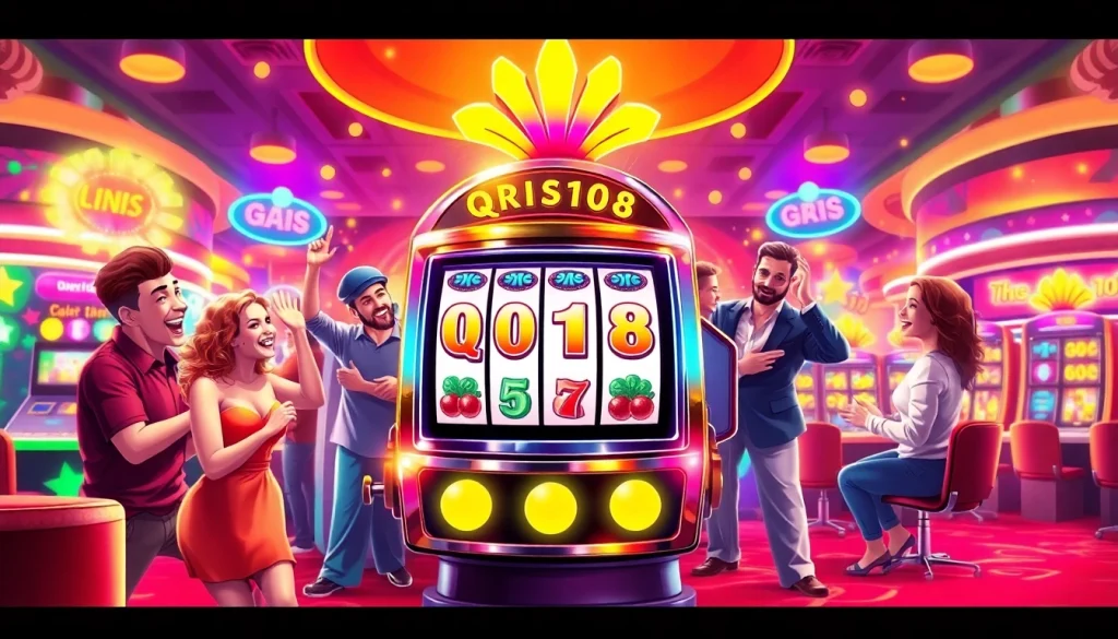 Mainkan QRIS108 Slot di kasino yang penuh warna dengan pemain bersemangat.