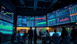 Высокотехнологичная финансовая аналитическая комната, демонстрирующая онлайн-платформу ставок 79king hn на цифровых экранах с профессионалами