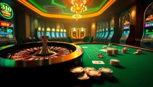 MM88 casino experience featuring a lush poker table and roulette wheel, evoking excitement and thrill in gambling.