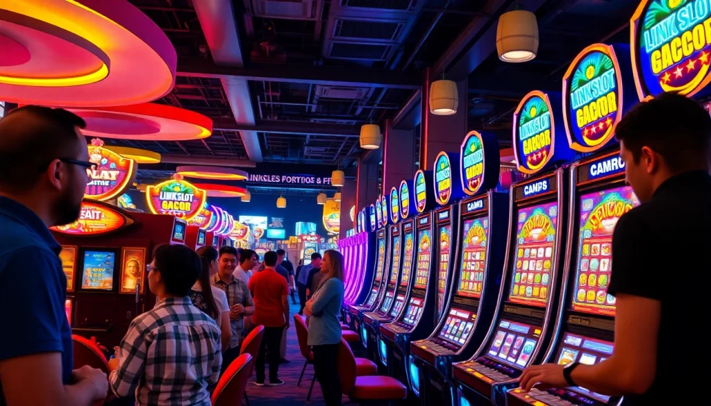Mainstream gambling atmosphere highlighting link slot gacor with vibrant slot machines and excited players.