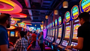Mainstream gambling atmosphere highlighting link slot gacor with vibrant slot machines and excited players.