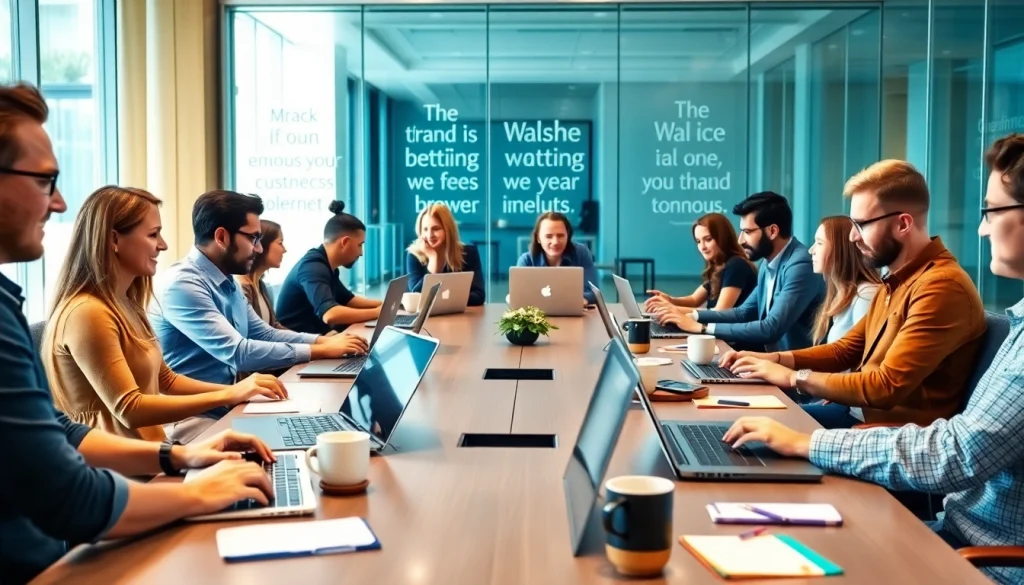 Individuals collaborating in a modern typing center, engaged in productive activities.
