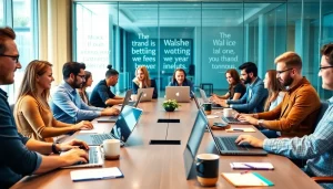 Individuals collaborating in a modern typing center, engaged in productive activities.