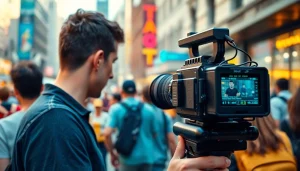 Capture of branded content creation by a professional videographer in an urban environment.