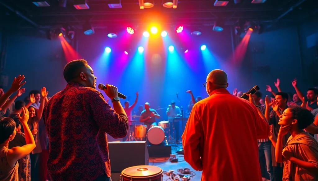 Experience the excitement of a kora live concert with musicians and a vibrant audience.