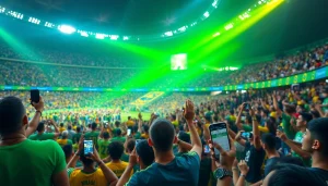 Engaged fans enjoying sports betting Brazil at a lively stadium event with colorful displays.