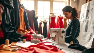 Punta di Roma stof in gebruik door een modeontwerper in een heldere studio.