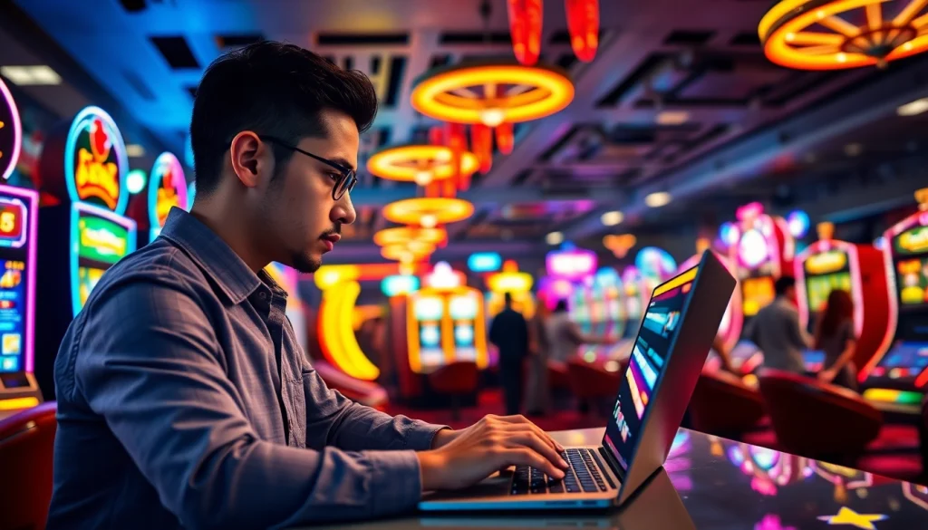 Memenangkan agen toto di kasino yang ramai dengan mesin slot berwarna-warni.