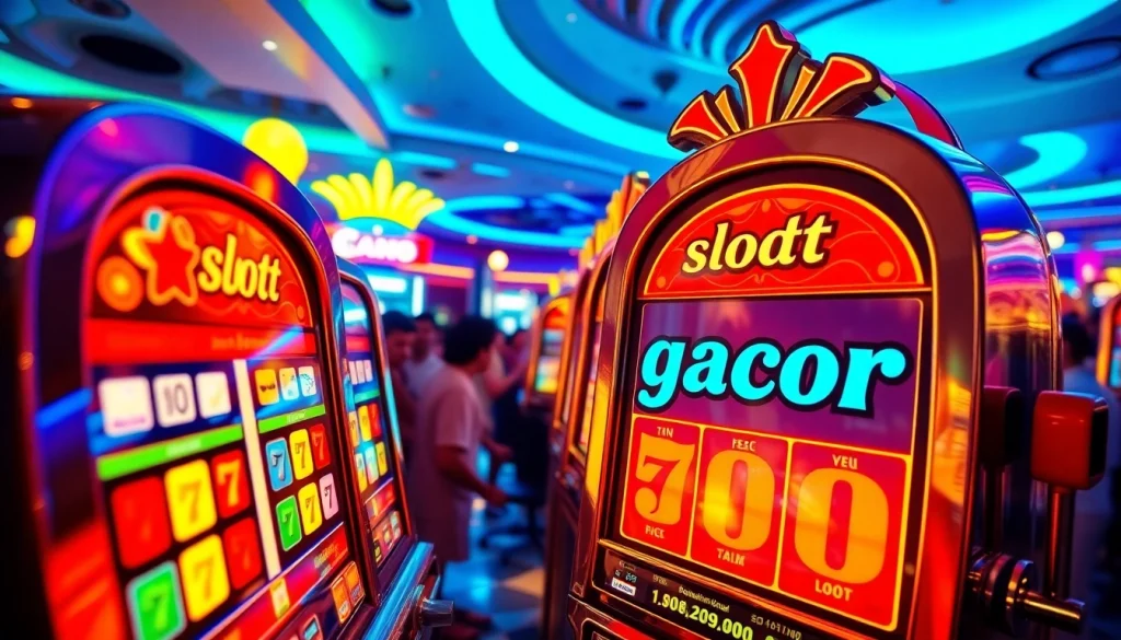 Putar slot gacor di mesin slot yang cerah dengan suasana kasino yang energik.