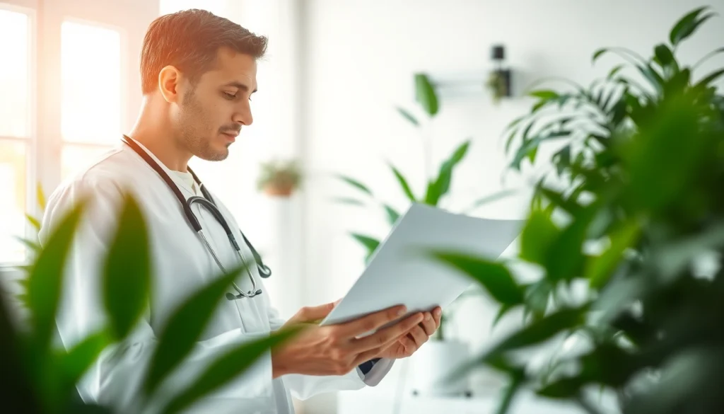 Improve health with a healthcare professional analyzing a patient's chart in a bright clinic.