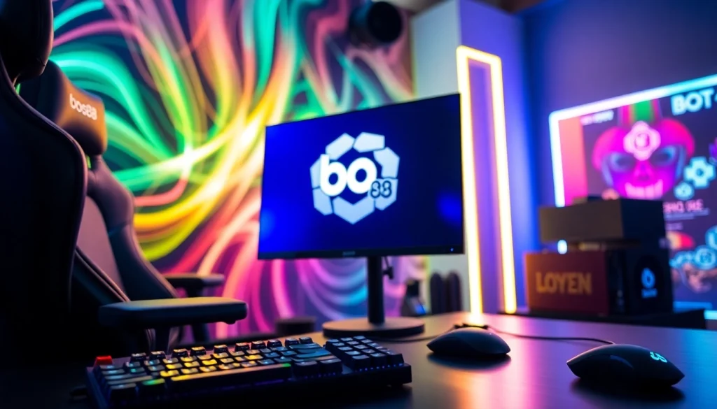 Menggambarkan suasana permainan bos88 dengan monitor cerah dan aksesori gaming modern.