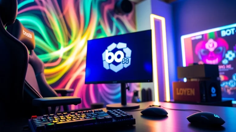 Menggambarkan suasana permainan bos88 dengan monitor cerah dan aksesori gaming modern.