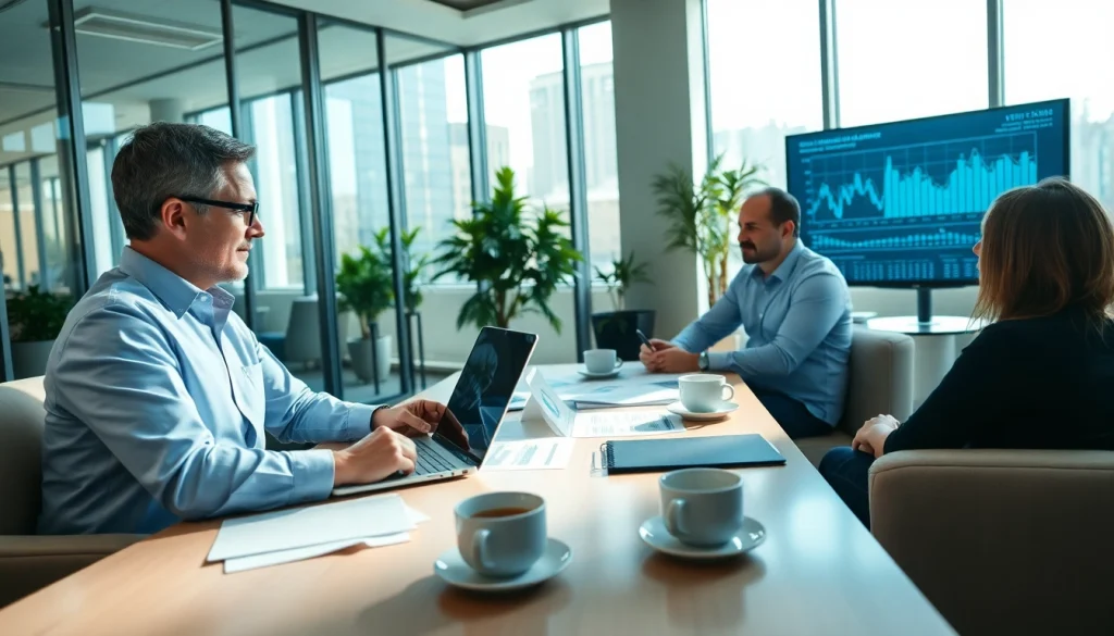 Engaging wealth management San Antonio meeting with financial advisor guiding clients through market trends.