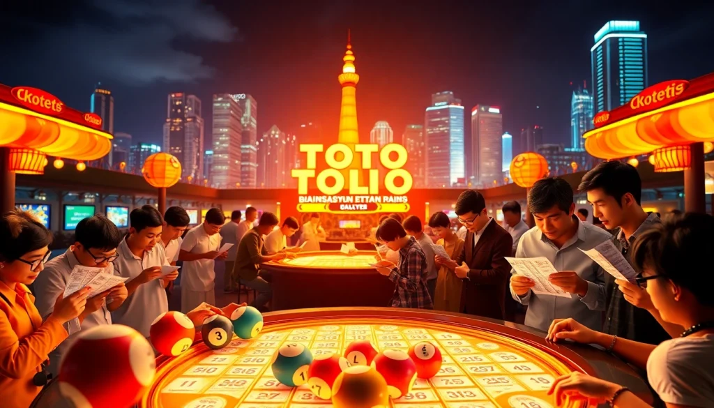 Toto togel menarik dengan pemain aktif di meja warna-warni saat bermain lotere.