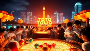 Toto togel menarik dengan pemain aktif di meja warna-warni saat bermain lotere.